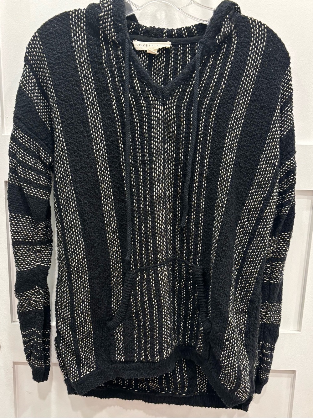 lovestitch Black and White Striped Baja Knit Hoodie Pullover